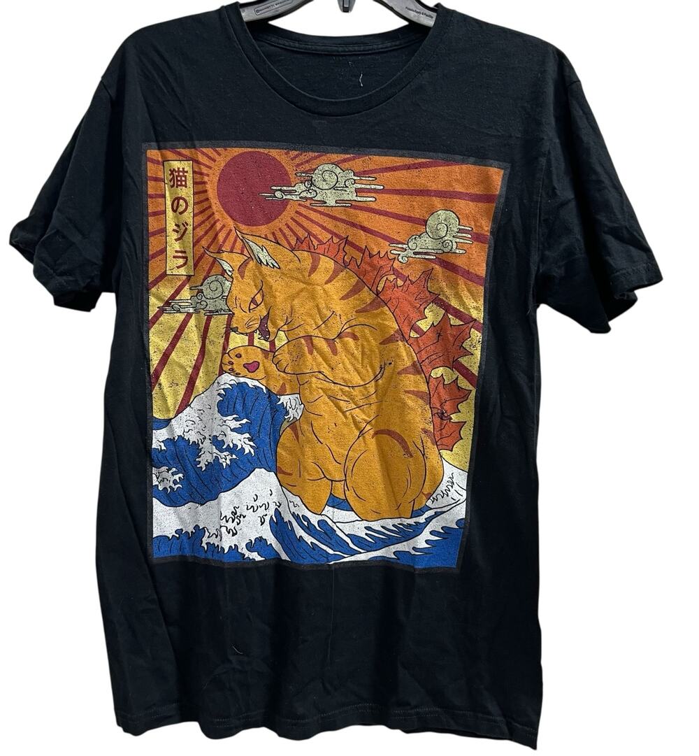 Catzilla Vintage Japanese sunset Black Tee Creepy Cat SZ M